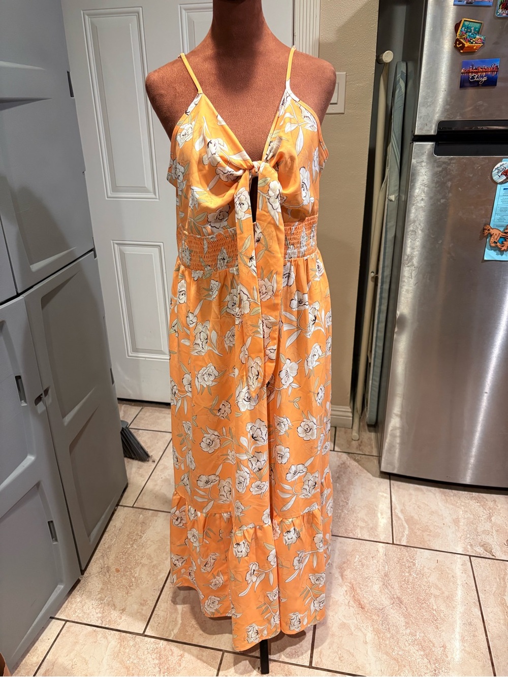 Grace Karin Orange Floral Tie-Front Spaghetti-Strap Jumpsuit